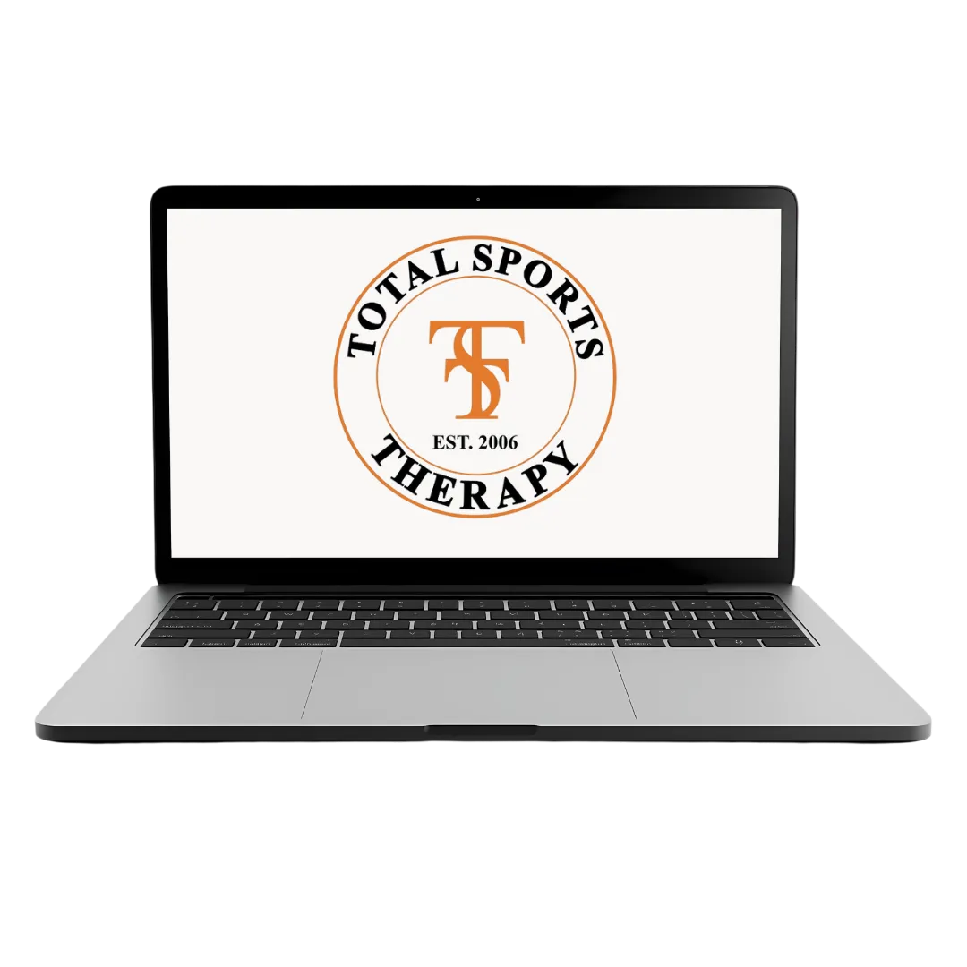 Total Sports Therapy logo displayed on laptop screen, telehealth homepage