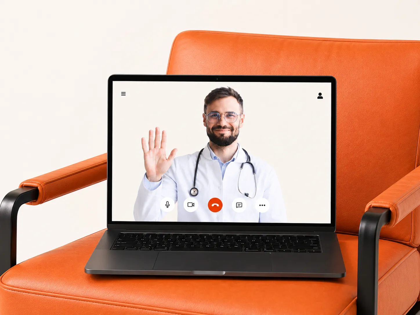 Male doctor waving on telehealth video call screen, remote sports medicine appointment