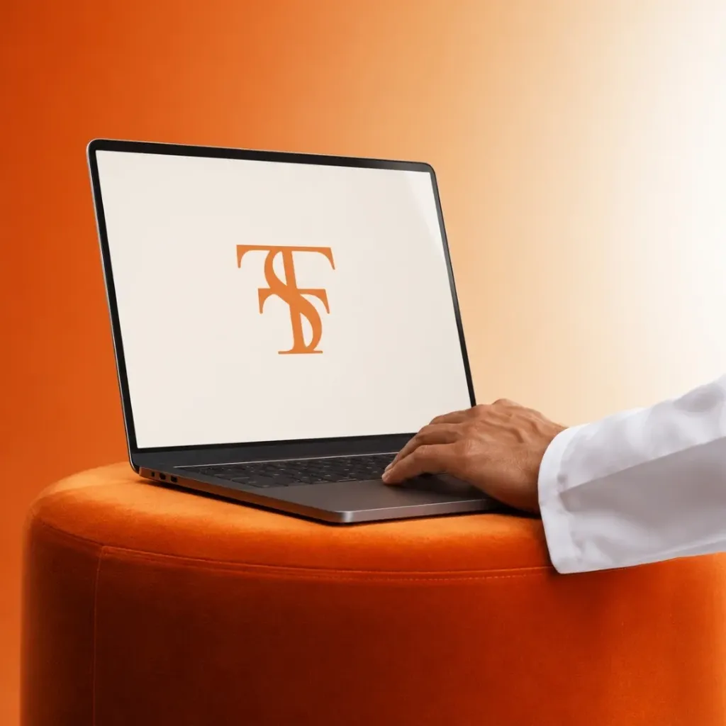 Doctor's hand reaching toward laptop with Total Sports Therapy branding, virtual care service